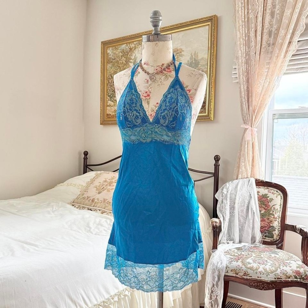 blue lace slip dress Y2K La Senza blue lace slip dress size small